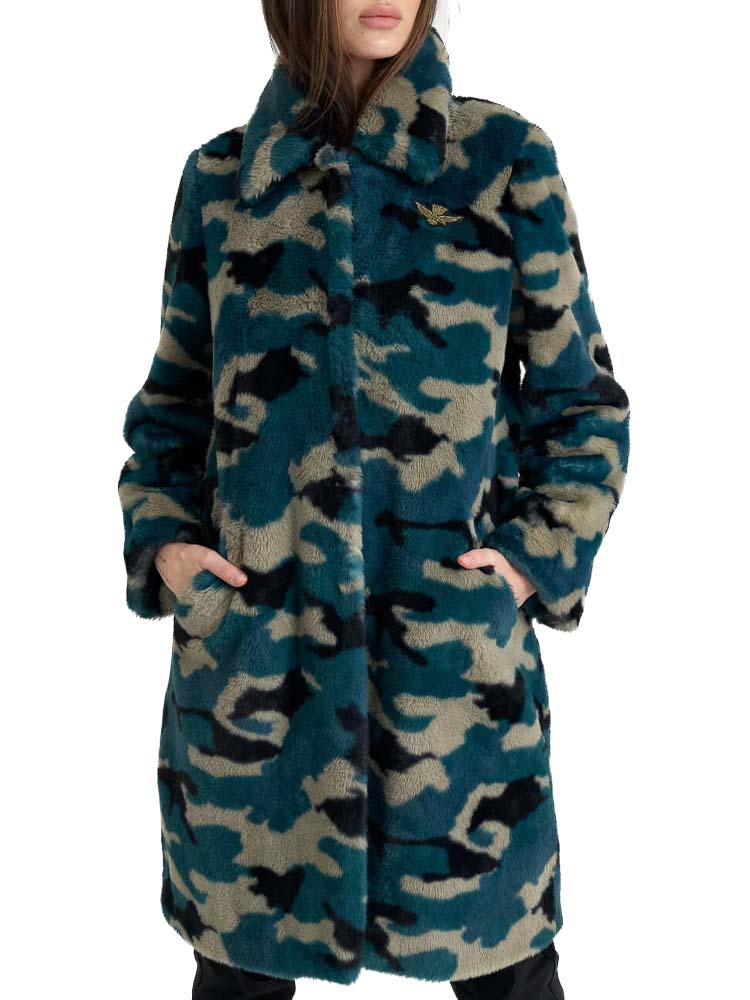 Cappotto Pelliccia Ecologica Aeronautica Militare Donna Ab1990d Mimetico Verde,chiusura bottoni,sul davanti 2 tasche,giacca in vera pelle pilota